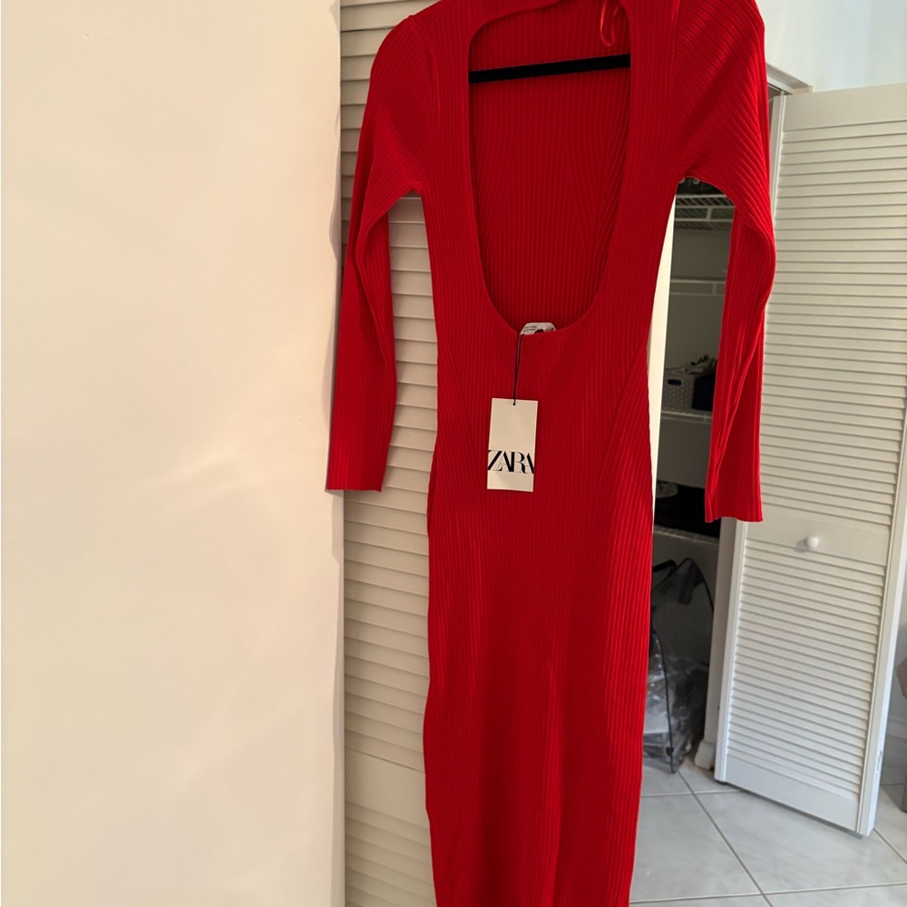 Zara Red Mock Neck Bodycon Midi Dress